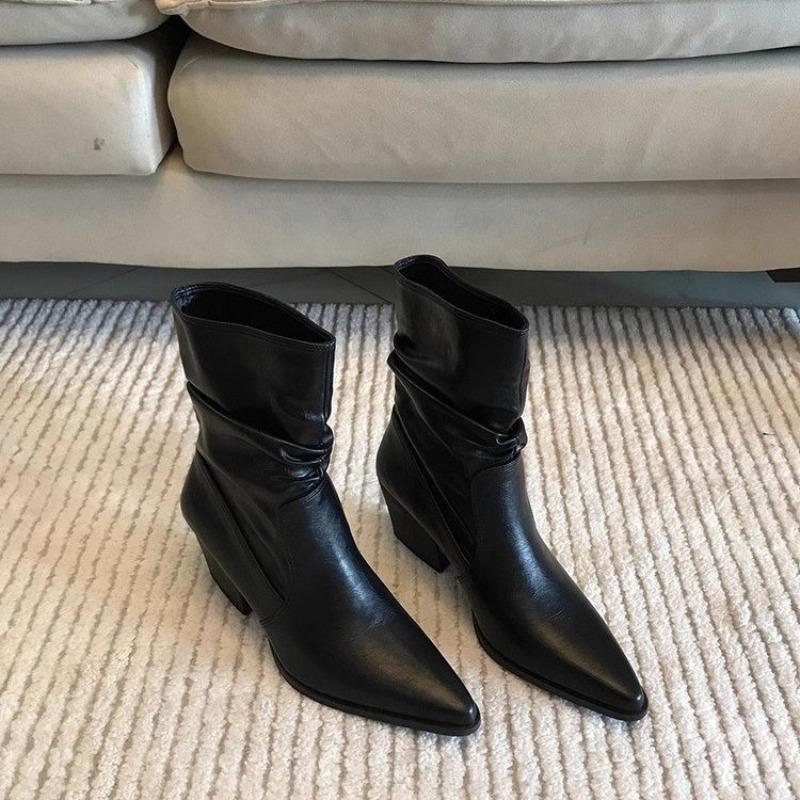 Fashion New Luxury Women Leather Boots for Women Autumn Winter Chunky Heeled Cowboy Boots Woman Loose Tube Mid-calf Pleated Western Boot