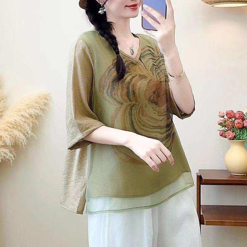 Women Casual V-neck 3/4 Sleeve Summer Print Blouse Tops