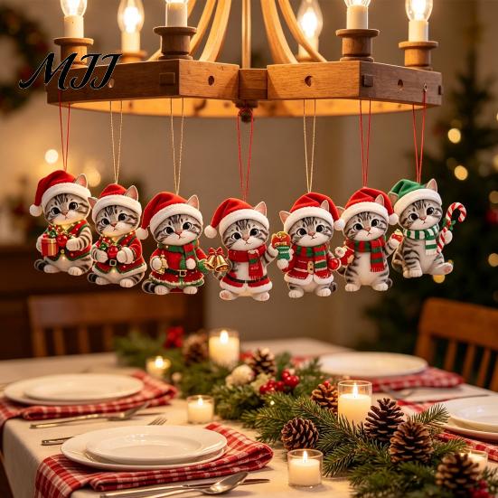 Cute Kitten Xmas Decor Christmas Ornament for Tree Hanging, 2D Flat Wooden Festive Gift Tags Decorative Pendant with Lanyard Home Holiday Party