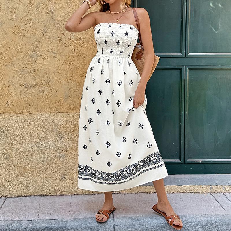

Spring and summer new ethnic style tube top dress European and American high-waisted long dress women S белый