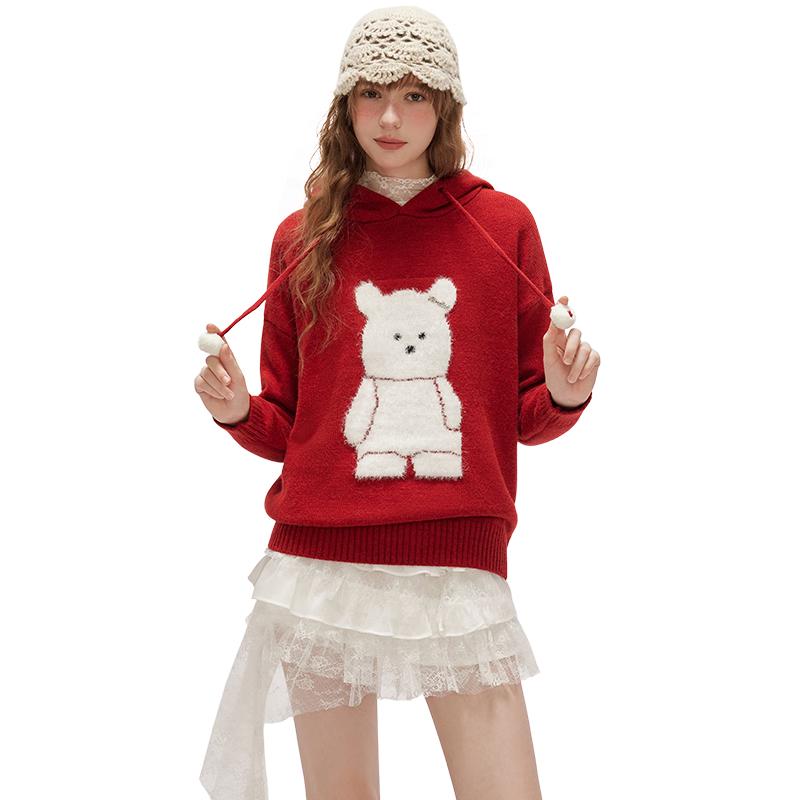 

UNIFREE Hooded Bear Jacquard Knit Sweater One Size