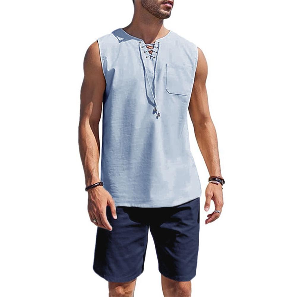 

Мужской жилет из хлопка и льна, однотонный, легкий, дышащий, с V-образным вырезом, на шнурке, для отдыха на пляже, уютные костюмы XXXL тёмно-синий/синий