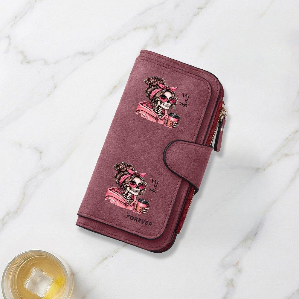 Fashionable long wallet with stylish skull and coffee cup print design eye catching multifunctional portable with clasp for coins large capacity