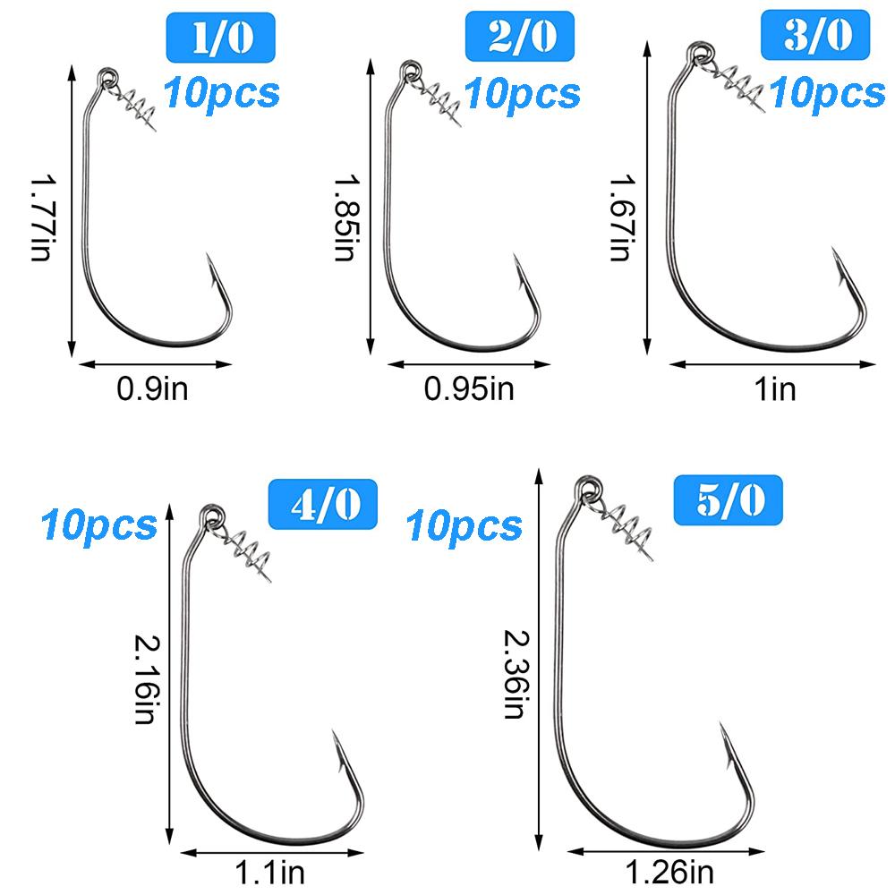 50Pcs/Box Fishing Worm Hook With Spring Twist Lock Barbed Crank Carp Hook For Soft Worm Bass Lure Offset Jig Hook