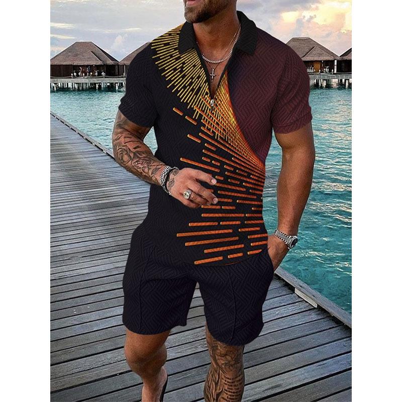Herren Print Polohemd Set – Kragen Kurzarm Lässiger Pullover T-Shirt