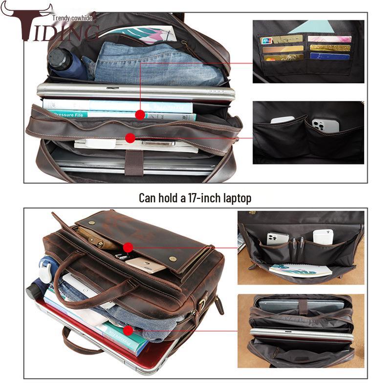 Genuine Leather Men's 17-inch Laptop Briefcase, Crossbody Cowhide Commuter Bag