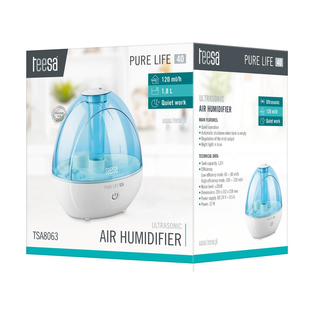 Umidificatore d'aria a ultrasuoni TEESA PURE LIFE 40, silenzioso, lampada automatica