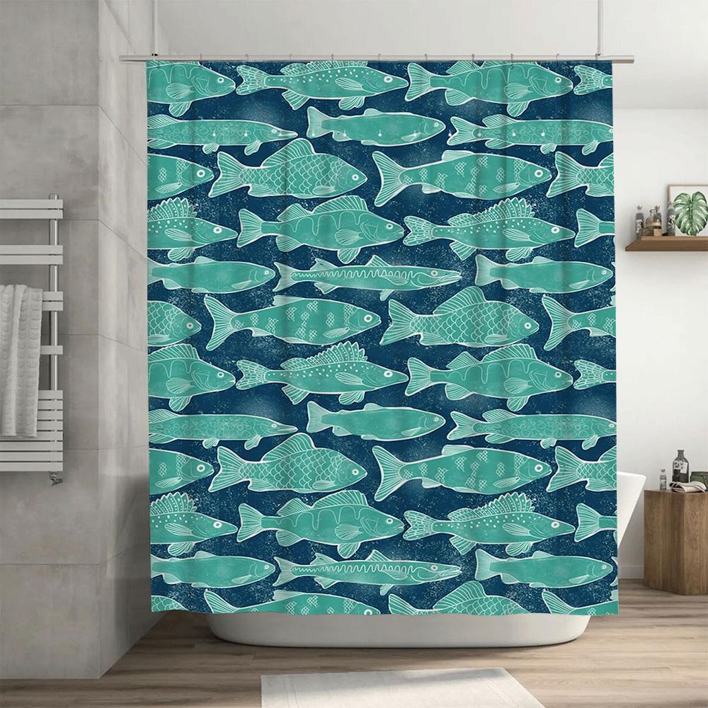 Blue Fish Print Shower Curtain Polyester Fabric Waterproof Bathroom Decor Wall Hanging Home Decor Accessories For Bathtub Enclos