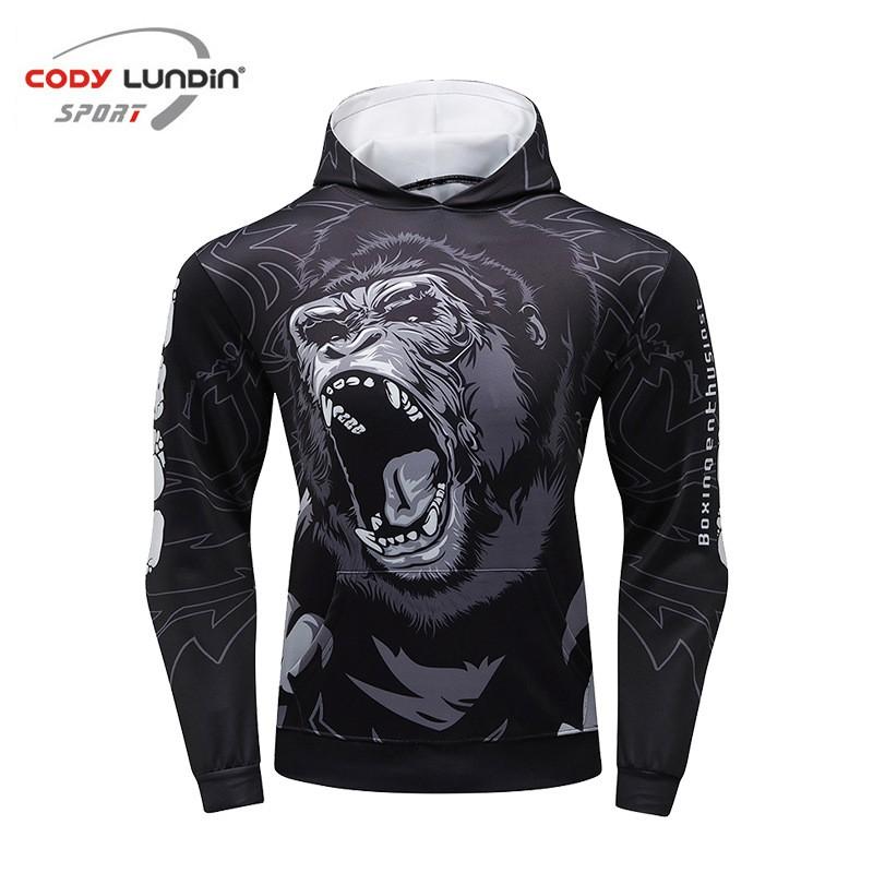 Mens Slim Fit Hooded Gym Workout Top Digital Print Long Sleeve Athletic Shirt Fitness Running Training