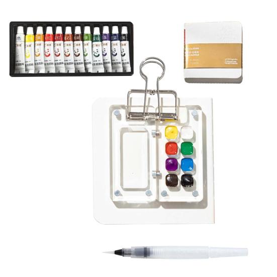 Mini Watercolor Kit Travel Watercolor Paint Set with Sketchbook Binder Clip Pen Portable Watercolor Palette with 12/24 Color Paints