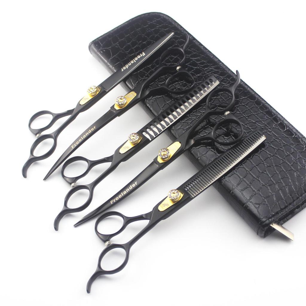 7.0" Black Handle Pet Grooming Scissors Set - 4-Piece with Straight, Bent, Thinning Scissors & Comb