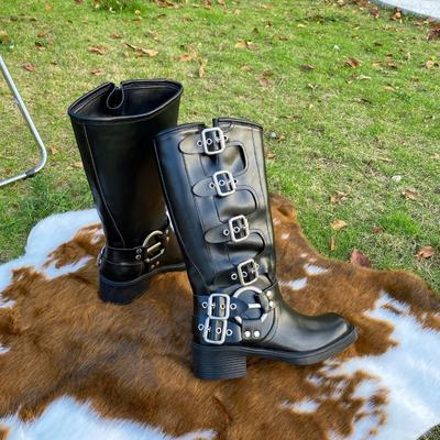 Belt Buckle Thick Heel Knight Boots Women's Autumn and Winter Retro But Knee Boots Western Cowboy Boots Brown Fashion Boots