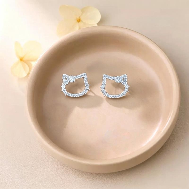 Xiao Yin Jia S999 Silver Hello Kitty Studs: Light Luxury Diamond Hollow-out KT Cartoon Design Earrings