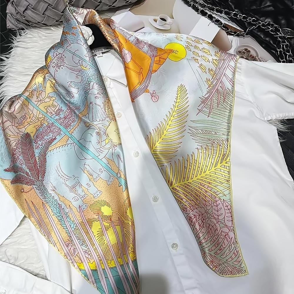 Bysifa|New Blue Silk Scarf Hijab Shawl Women Fashion Accessories Head Neck Scarves Printed Fall Winter Square Scarves Wraps 90Cm