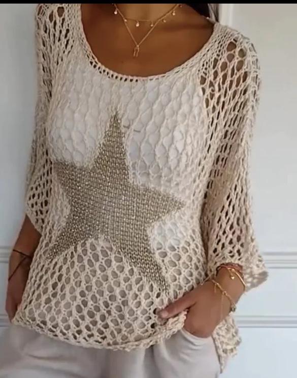 Elegant European & American Style Five-Star Round Neck Sweater with Three-Quarter Sleeves for Women