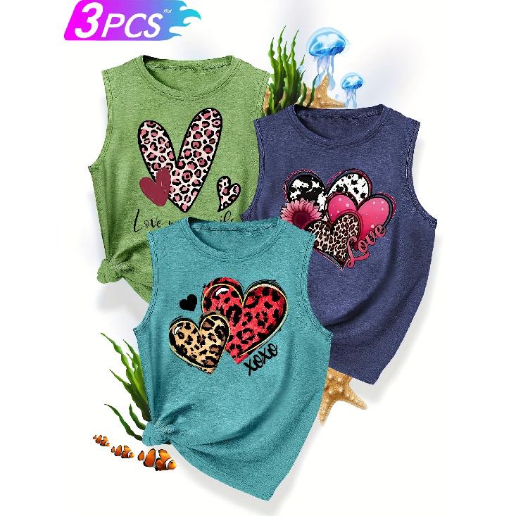 3Matching Sister Outfit Set with Heart Print, Fashionable, Simple, Fresh, Casual Sporty Style for Spring and Autumn, Round Neck Tank Top, Available