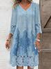 Womens V-Neck 3/4 Sleeve Summer Dress Fashion Flower Print Lace Hollow Out Mini Dress