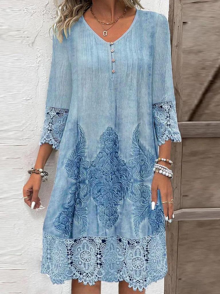 Womens V-Neck 3/4 Sleeve Summer Dress Fashion Flower Print Lace Hollow Out Mini Dress