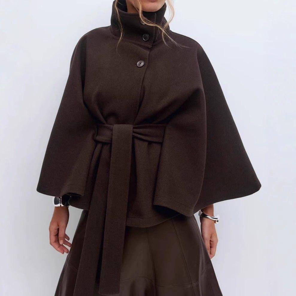 

European-American Women s Autumn/Winter Wool Trench Coat: Solid Color Cape with Stand Collar, Button, and Belt (2026). S кавовий