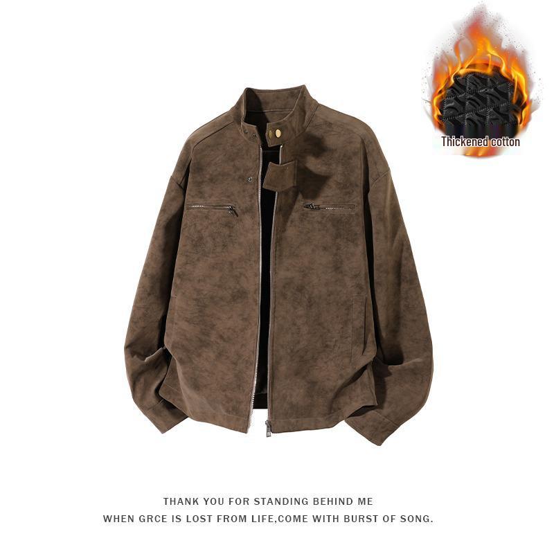Men's American Retro PU Leather Stand Collar Motorcycle Jacket - Winter Style, Padded, Loose Fit, Versatile and Casual.