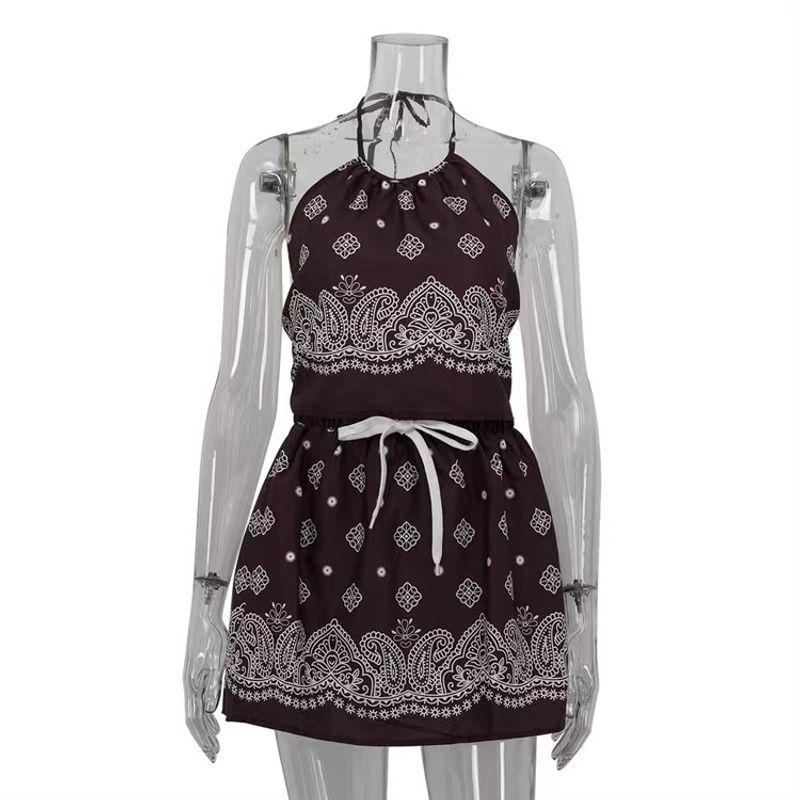 

Fashion Wind New Fashion Sexy Print Open Back Halterneck Vest Skirt Outfit Vest and Skirt Set Brown L