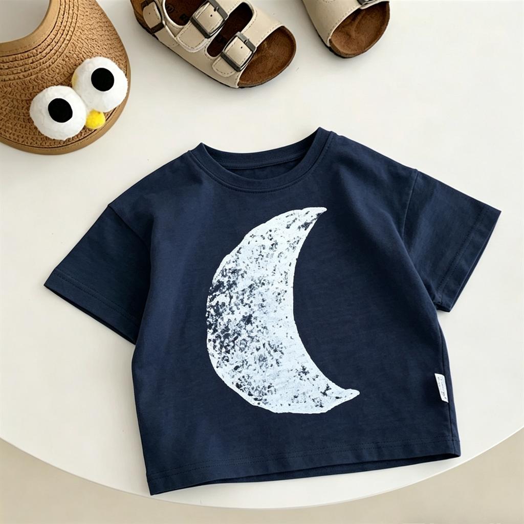 Cute Tees Children Solid Color TShirt Loose Casual Summer Clothes Round Neck Pullovers For Kids Pineapple Moon Printed TShirt