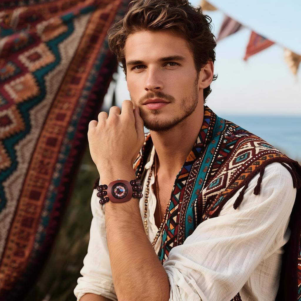 Bohemian Houten Kralen Band Dameshorloge: Analoge Weergave, Kwarts Uurwerk, Bloemenwijzerplaat, Elastische Band, Handgemaakte Stijl, Tonneau Vorm, Natuurlijk