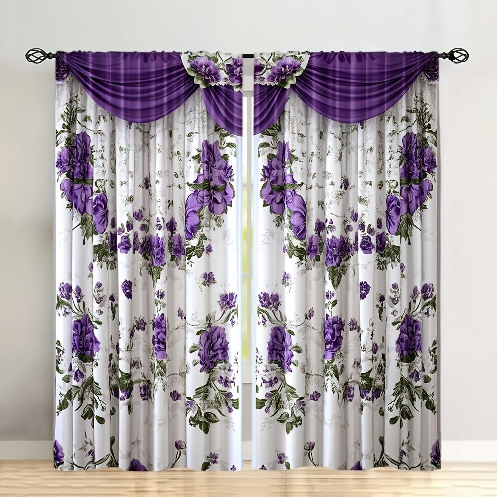 

Set Of 2 Purple Floral Print Curtains Polyester Design All Season Decor Perfect Bedroom Living Room More Curtain With Rod Pocket Ideal For W100*H70(CM)-Grommet top&2PCS