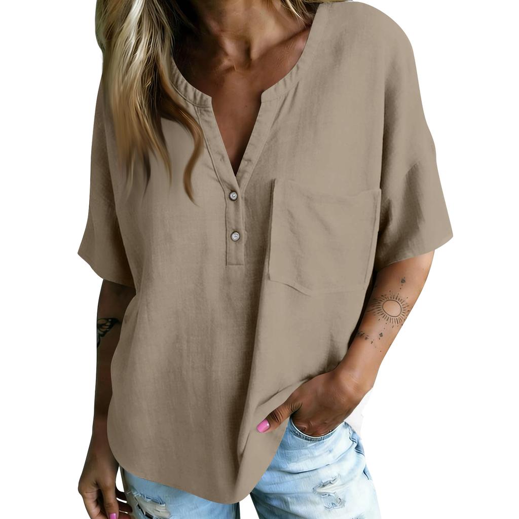 Women Casual V Neck Blouse Short Sleeve Bohemian Style Shirt Loose Fit Lightweight Summer Top with Button Detail and Pocket