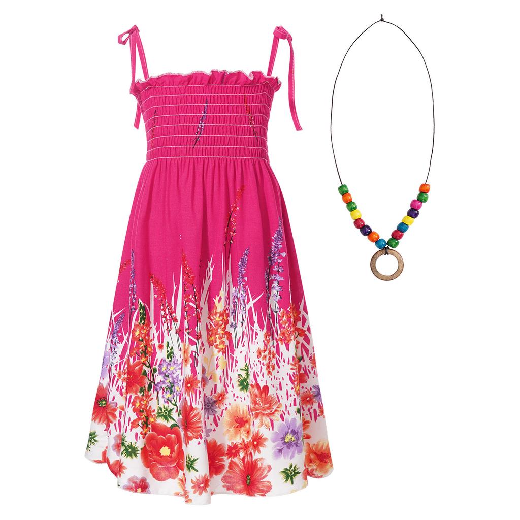 Girls Bohemian Beach Dress Off Shoulder Floral Sleeveless Rainbow Straps Suspender Dress with Necklace Summer Outfit