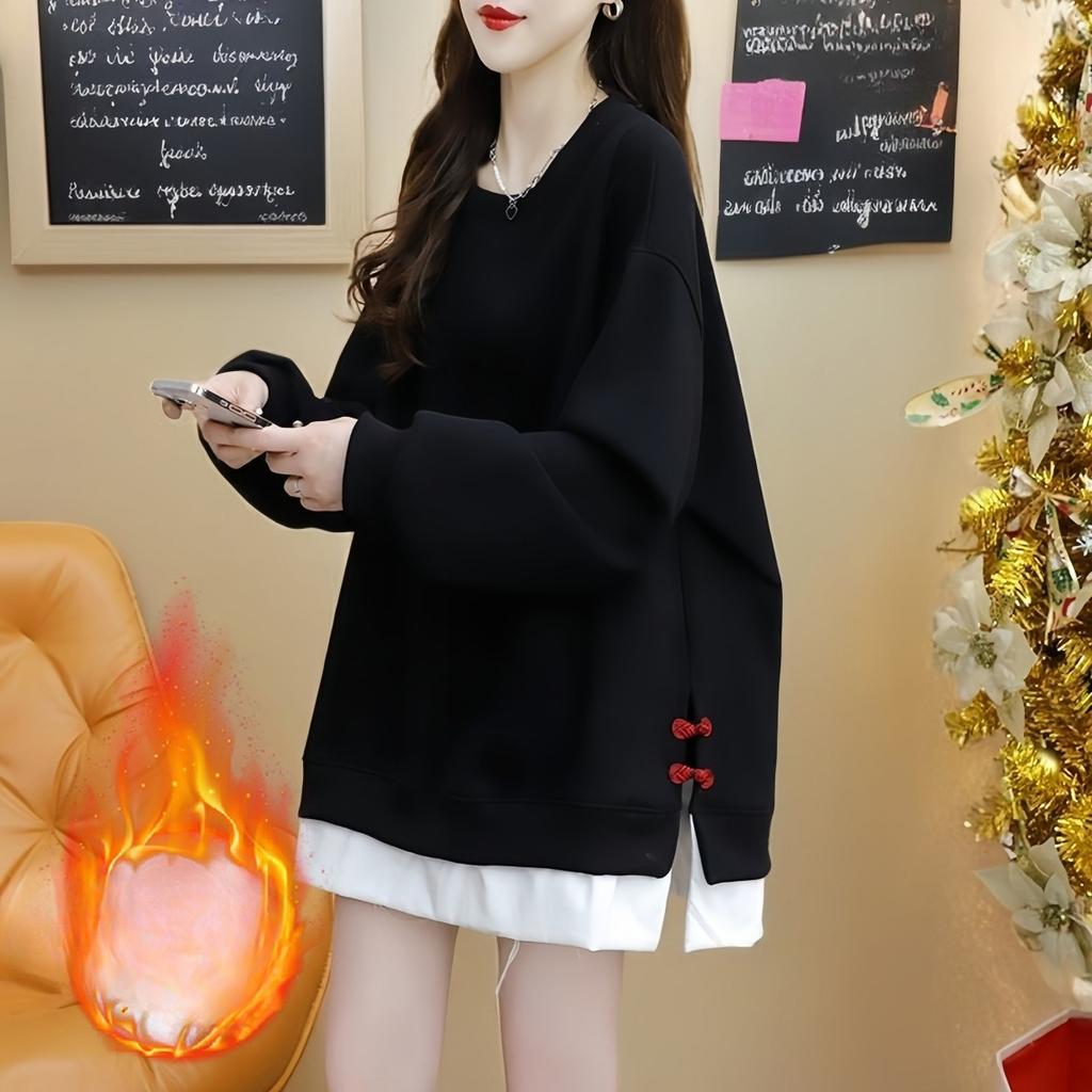 New Style Women's Plus-size Fall/winter Fleece Thick Double-layer Pullover Mid-length Relaxed Style Top