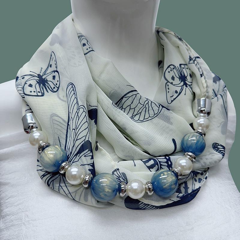 Chic Printed Scarf Necklace with Pearl and Bead Accents – Lightweight Chiffon Infinity Scarf for Women, Fashion Statement Accessory