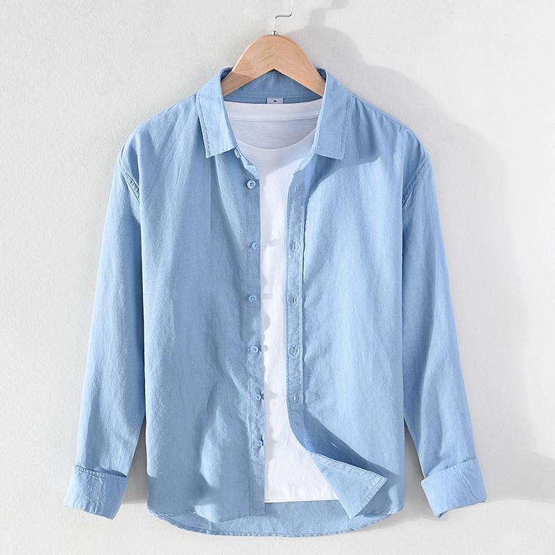 Vintage Men's Long-Sleeve Linen Shirt M-5XL Spring Summer Stand Collar Plain Color Single Breasted Streetwear