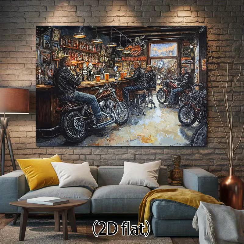 2D Flachdruck Motorrad Lenker Fotografie Hintergrund, Retro Biker Kneipen Szene für Party und Heimdekoration