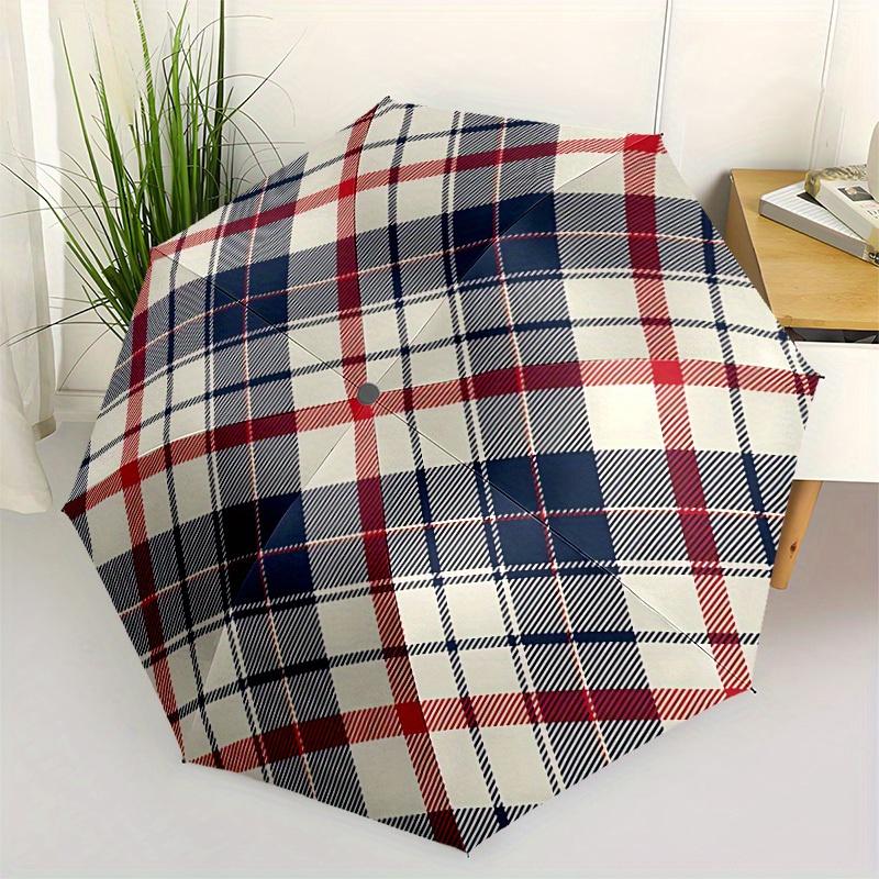 1 ks Automatický skládací deštník se vzorem Tartan - Přenosný skládací design s 8 žebry, Odolný plastový a železný rám, Neformální venkovní doplněk