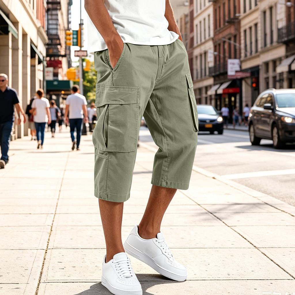 Men Drawstring Waist Multi Pocket Casual Capri Pants Loose Fit Knee Length Cargo Trousers for Outdoor Daily Wear