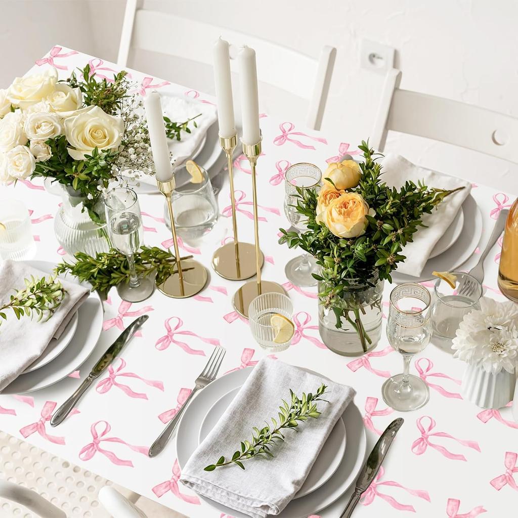 Oudain 3 Pcs Pink Bow Table Cloth 54 x 108 Inch Coquette Bow Table Cover Rectangle Pink Tablecloth Disposable Tablecovers Coquette Party Decorations