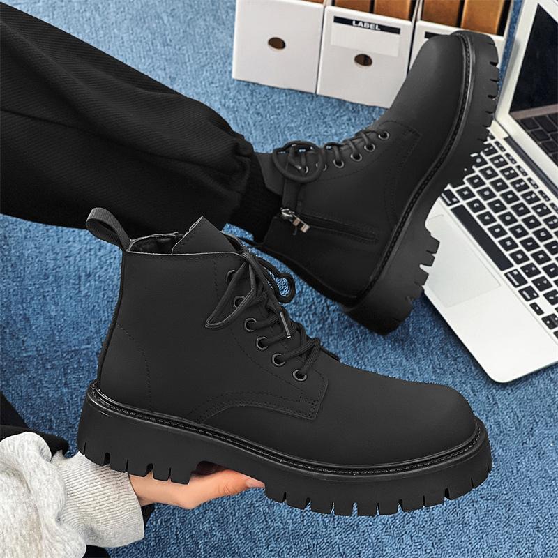 Martin Boots Men's British High Top Xuzi Spring Fleece Heightening Leather Boots Black Chelsea Boots 3305-J