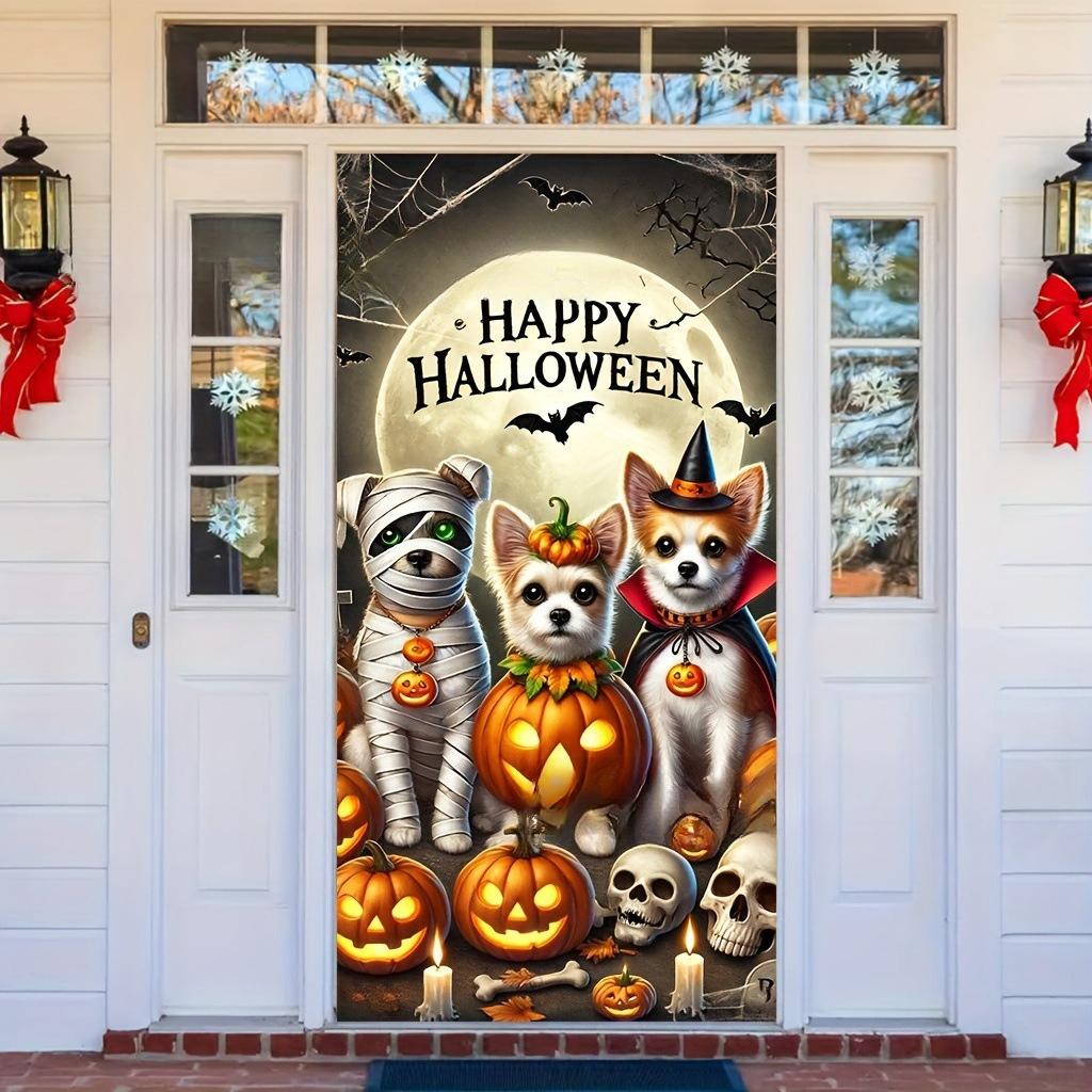 New Halloween door cover with cartoon pumpkin background cloth - high-end theme party decoration hanging cloth - custom order