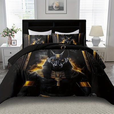 2/3 Stück Ägyptischer Anubis Gott Druck Bettbezug Set, 2D Flachdruck King Queen Size Polyester Bettwäsche mit Kissenbezügen