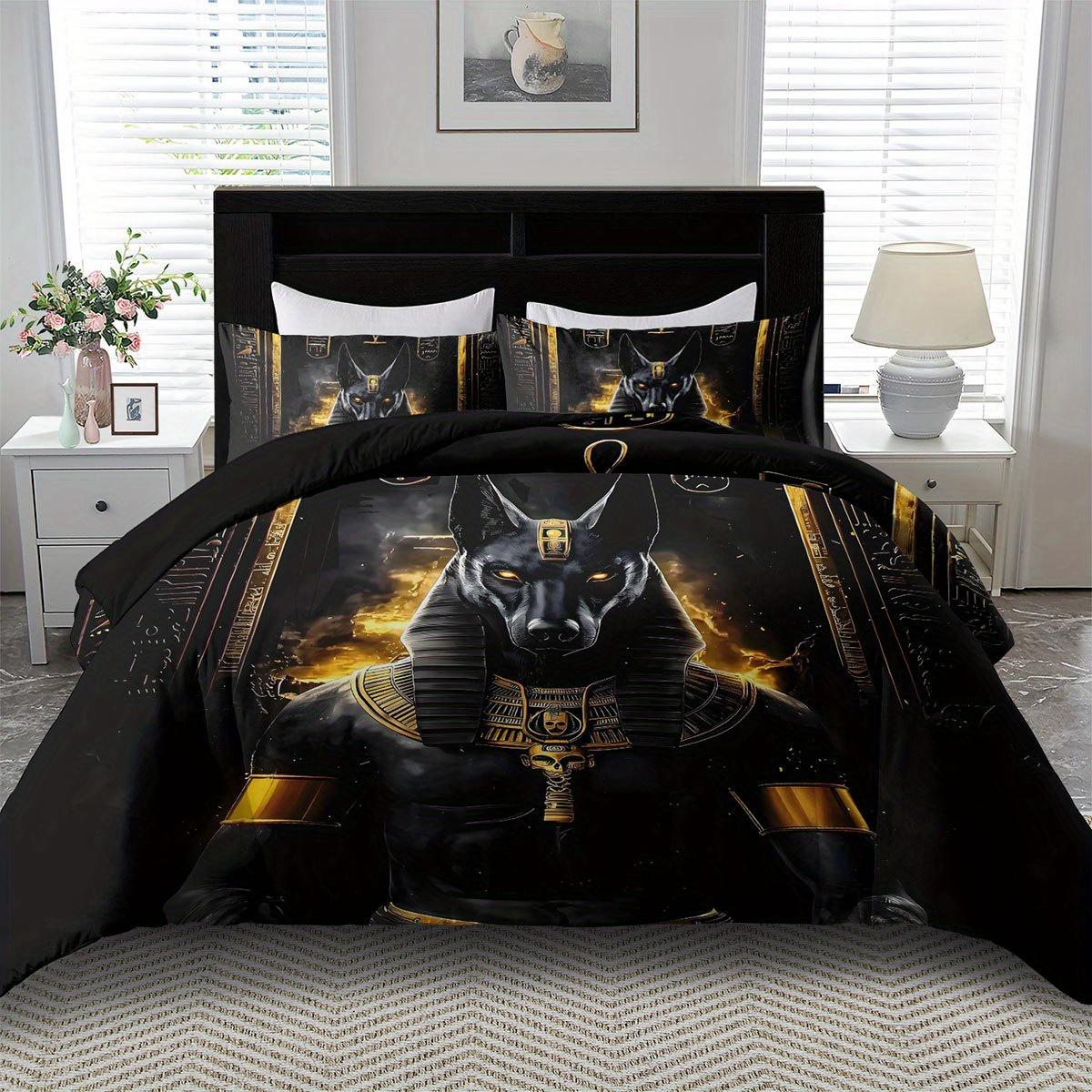 

2/3Pcs Egyptian Anubis God Print Duvet Cover Set, 2D Flat Printing King Queen Size Polyester Bedding with Pillowcases EU Twin(135x200cm)
