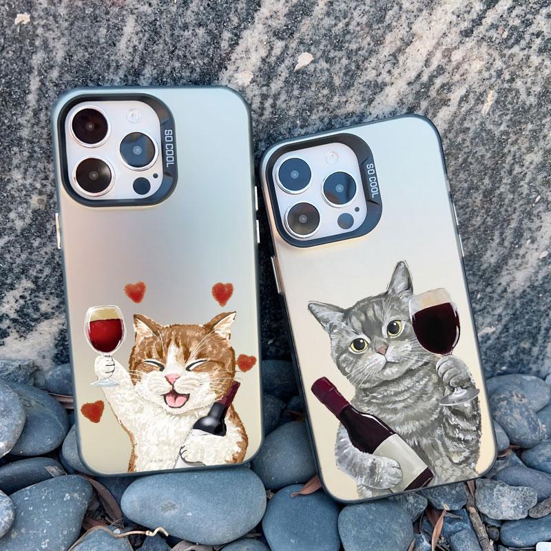 Red Wine Glass Liquid Cute Cat Phone Case For iPhone 16 15 14 13 Mini Pro Max 12 11 Pro Max 15 14 Plus Shockproof Laser Covers