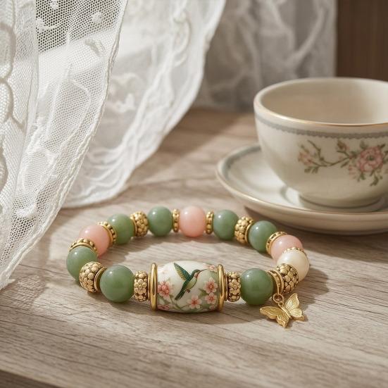 Bluebird Blessings Bracelet, Inspirational Hummingbird Strength Beaded Bracelet, Green Beads Cherry Blossoms Inspirational Jewelry for Women Spring