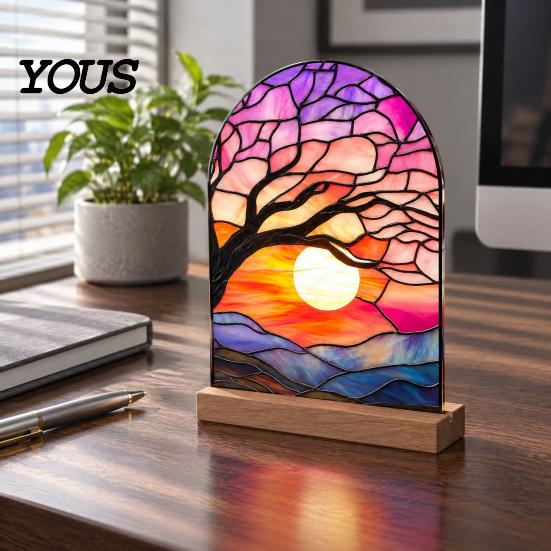 Stylish Interior Ornament Stained Glass Style Acrylic Table Centerpieces, Floral & Landscape Pattern Durable Desk Tabletop Sign with Wood Base