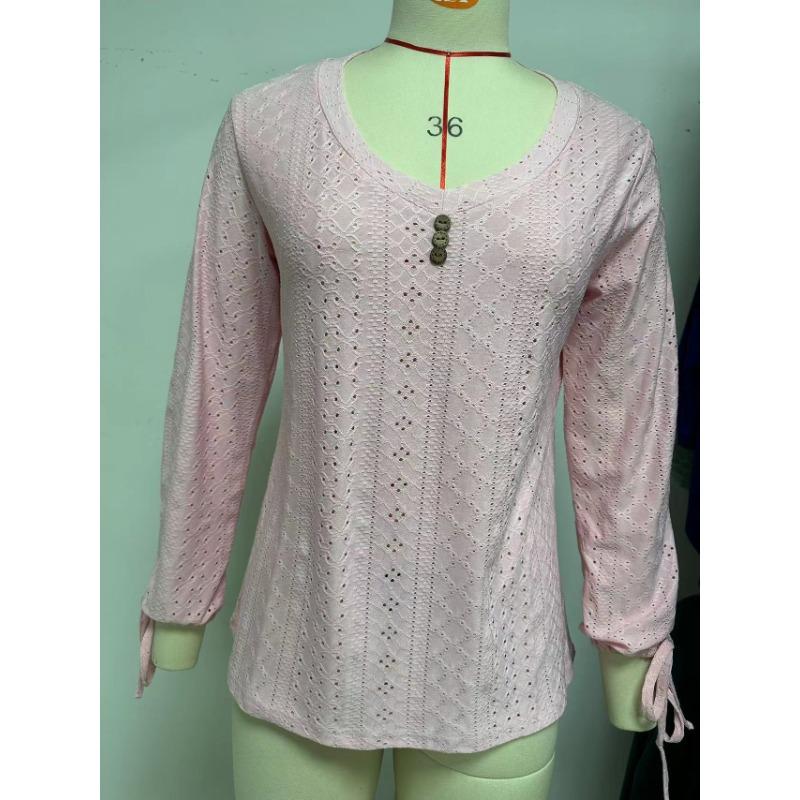 Spring and Summer Women's T-shirt New Button V-neck Solid Color Loose T-shirt Mid-sleeved Tops