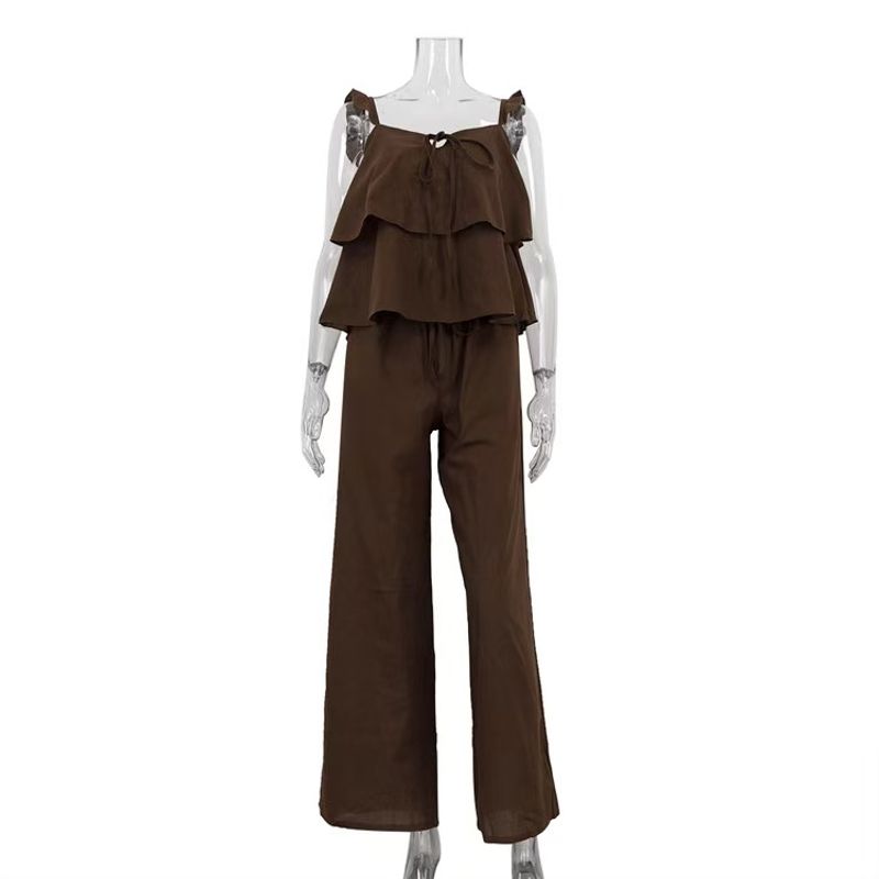 

European and American Backless Sleeveless Camisole Loose Pants Suit Strap Vest Wide Leg Pants Set Brown M