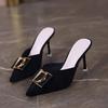 Summer Temperament Elegant Thousand Bird Grid Bag Head Half Slippers Women's Metal Buckle Pointed Thin Heel High Heel Cool Slippers