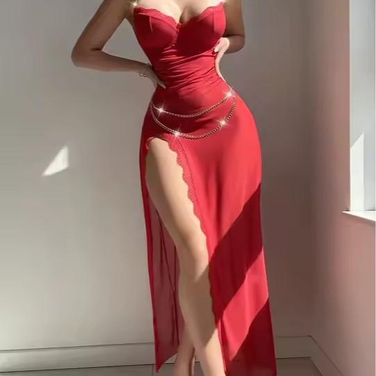 Neue sexy Pyjama-Trägernachthemd Rotes Kleid tiefer V-Ausschnitt beliebte Damen