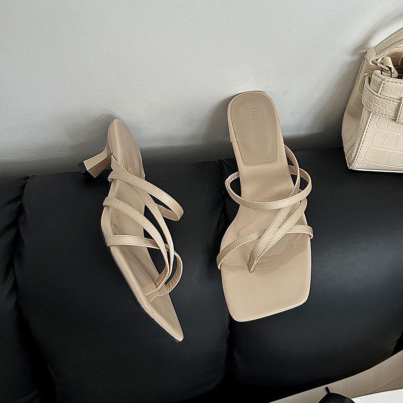 

Fashion Fashion Square Toe Women Low Heel Sandals Slides Footwear Shallow Ladies Heeled Sandals Slippers Shoes Female Flip flops Pumps 35 бежевый