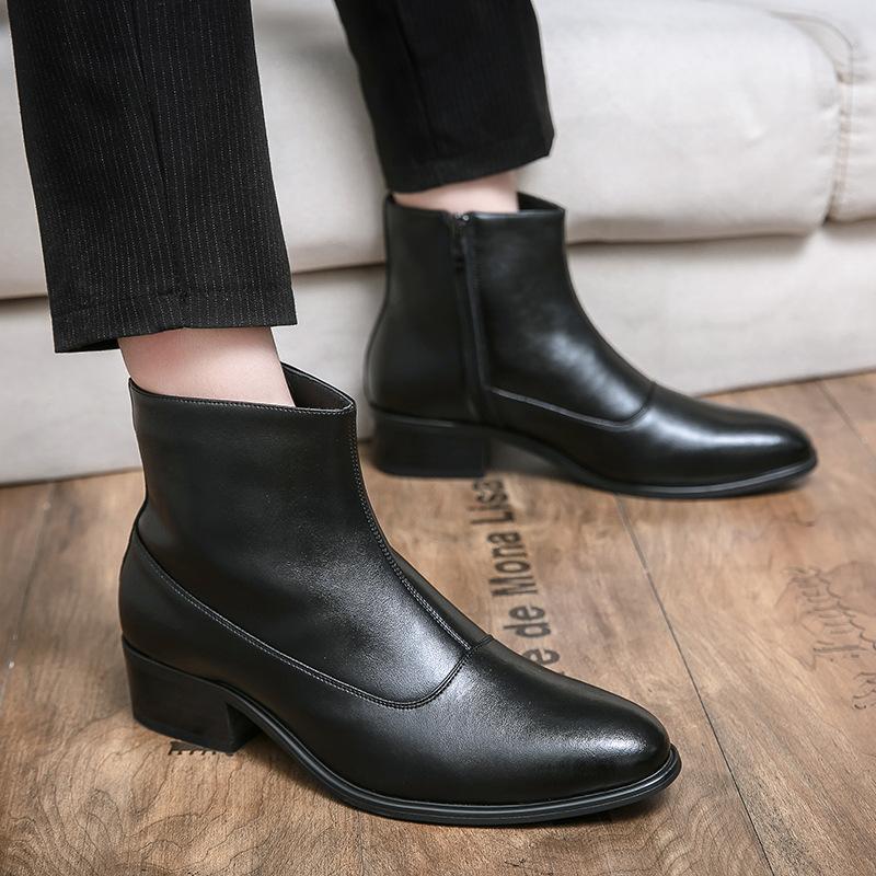 Martin Boots Leather Medium Top Pointed Fleece High Top Leather Shoes Chelsea Boots Black Hairstylist Short Boots